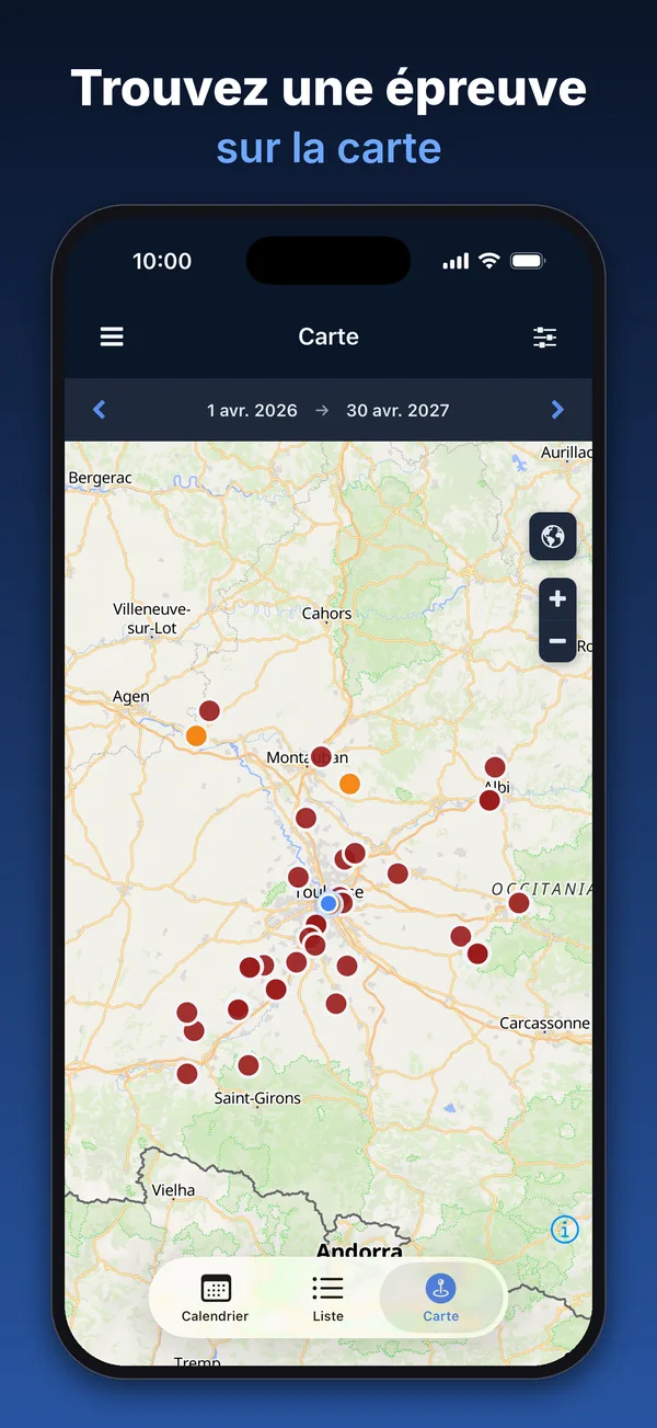 Dossardeur : carte des épreuves avec des marqueurs colorés par fédération